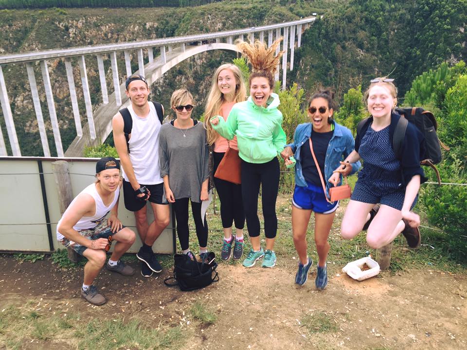 Group of friends after jumping off the Bloukrans bridge (pictured behind us)&nbsp;
